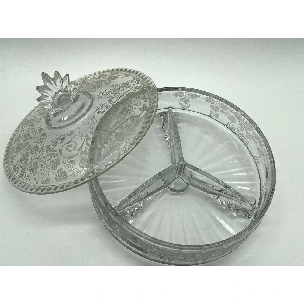 Vintage Depression Fostoria Glass 3 Part Divided Candy Dish Etched Grapes & Vine